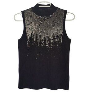 Marled Black Sleeveless High Neck Top with Silver Sequins, XS, NWT